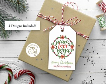 Yoga Holiday Gift Tags - Peace Love Yoga Namaste - 4 Christmas Yoga Gift Tags - Yoga Teacher Gift - Instant Download -Personalize with Corjl