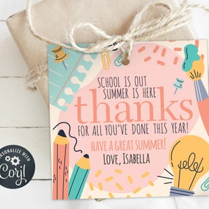 Teacher Thank You Gift Tag, School Is Out Summer Is Here, Beach Towel Tag, Teacher Appreciation Gift, Instant Download, Customize with Corjl