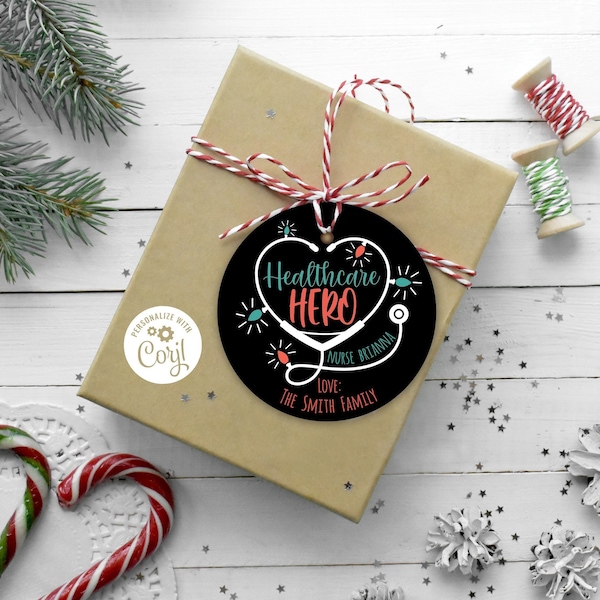 Healthcare Hero, Round Christmas Tag Template, Holiday Tag for Nurse, Healthcare Appreciation Gift, Instant Download, Customize with Corjl