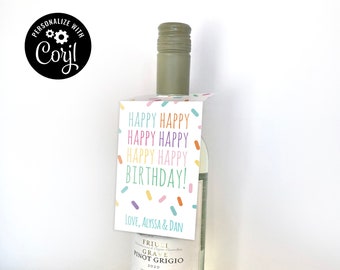 Happy Birthday Wine Bottle Gift Tag, Birthday Gift Tag for Alcohol, Fun Present, Editable, Instant, Digital Download, Personalize with Corjl