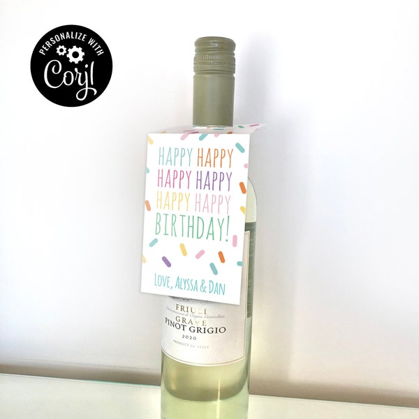 Happy Birthday Wine Bottle Gift Tag, Birthday Gift Tag for Alcohol, Fun Present, Editable, Instant, Digital Download, Personalize with Corjl