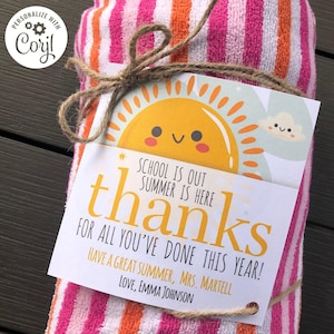 Teacher Thank You Gift Tag, School Is Out Summer Is Here, Beach Towel Tag, End of School, Teacher Appreciation Gift, Customize with Corjl
