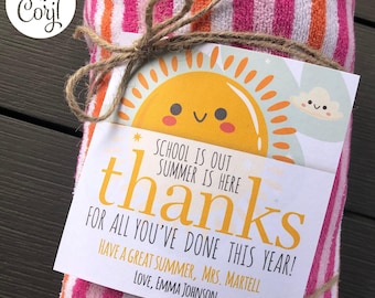 Teacher Thank You Gift Tag, School Is Out Summer Is Here, Beach Towel Tag, End of School, Teacher Appreciation Gift, Customize with Corjl