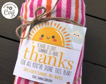 Teacher Thank You Gift Tag, School Is Out Summer Is Here, Beach Towel Tag, End of School, Teacher Appreciation Gift, Customize with Corjl