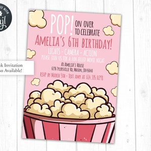 Popcorn Party Birthday Invitation, Movie Night Birthday Party, Movie ...