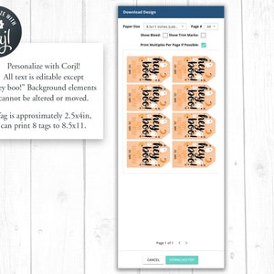 May include: Printable Halloween gift tags with a ghost and the text "hey boo!" in black on an orange background. The tags are designed to be printed 8 to a page on 8.5x11 inch paper.