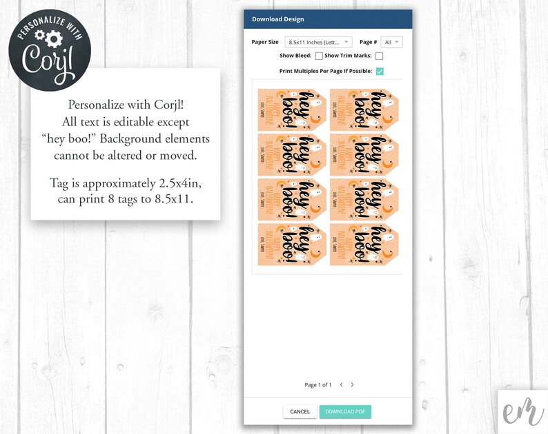 May include: Printable Halloween gift tags with a ghost and the text "hey boo!" in black on an orange background. The tags are designed to be printed 8 to a page on 8.5x11 inch paper.