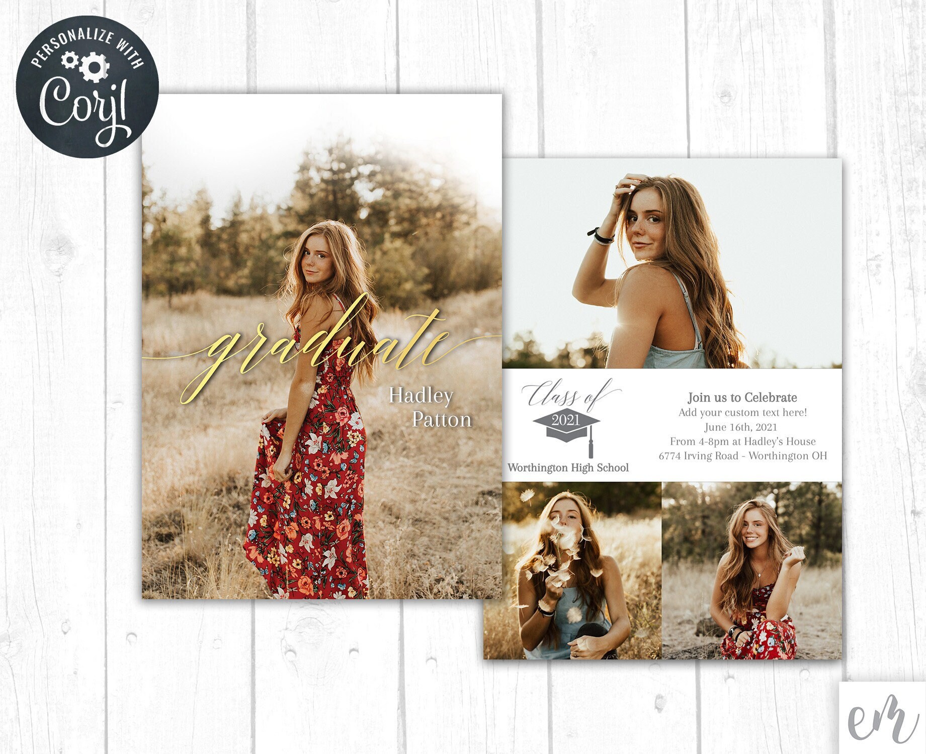 Photo Graduation Announcement Template, Gold Foil Script Font, Class of 2022 Senior Card, Editable Instant Download, Personalize with Corjl