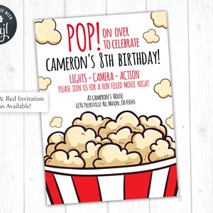 Popcorn Party Birthday Invitation, Movie Theater Movie Night Birthday ...