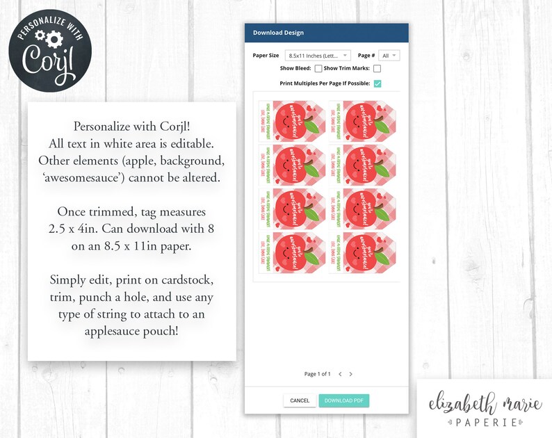 May include: Printable 8.5 x 11 inch sheet of red apple gift tags with the text "You're apple-solutely wonderful!" and a red apple with a smiling face. The tags are designed to be used for applesauce pouches.