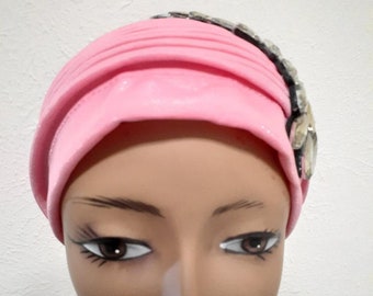 Elegant Pink Turban Hat with Brooch