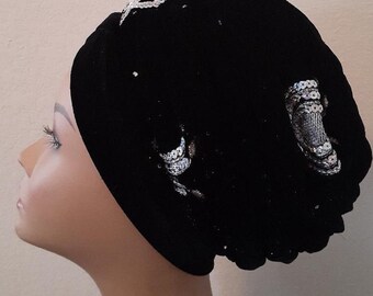 Black Velvet Coated Silver Sequence Turban.