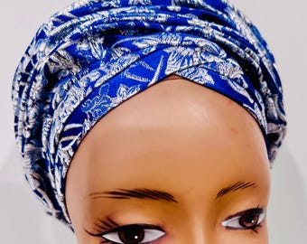 Blue Damask Ready to Wear Head Tie, Turban, Auto Gele, Women Nigerian.