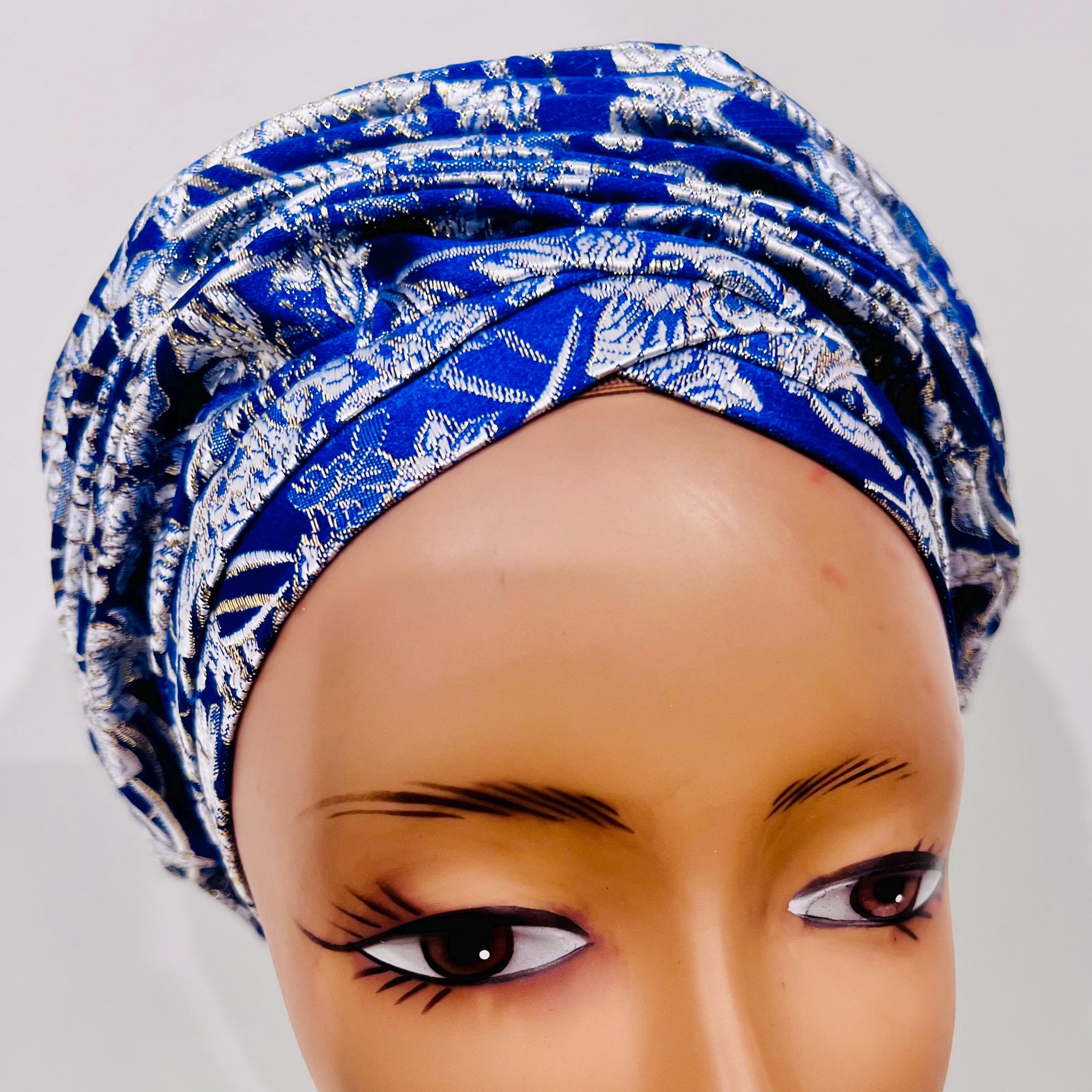 Blue Damask Ready to Wear Head Tie, Turban, Auto Gele, Women 
