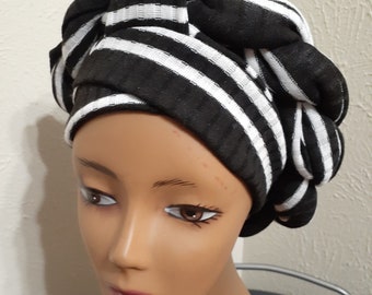 Black and white stretch material turban cap