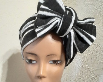 Black and white stretch material turban cap