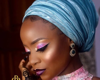 All Blue Extra Long Velvet Turban Head Wraps, Hijab Head Scarf, One Size Fit All.