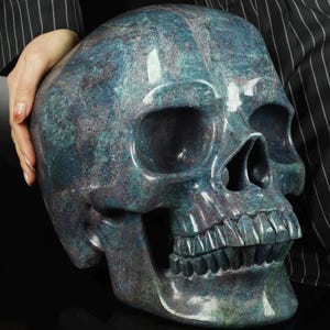 Ruby Kyanite Skull Sculpture: Giant Hand-Carved Galaxy Stone Art (32kg, 12.6&quot;x9.0&quot;x10.2&quot;)