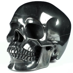 Hematite Skull Sculpture: Chrome Finish, Lifesized Art Object (6.9&quot;, 6.3kg