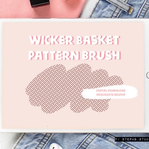 Puede incluir: Una descarga digital para un pincel de Procreate que crea un patrón de cesta de mimbre. El pincel se muestra sobre un fondo rosa con el texto "Wicker Basket Pattern Brush" y "Digital Download Procreate Brush!"