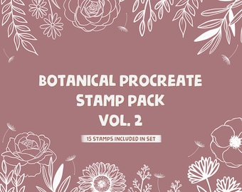 May include: A digital art product advertisement on a dusty rose background. The text reads "BOTANICAL PROCREATE STAMP PACK VOL. 2" with "15 STAMPS INCLUDED IN SET" below. White line drawings of flowers and foliage frame the text.