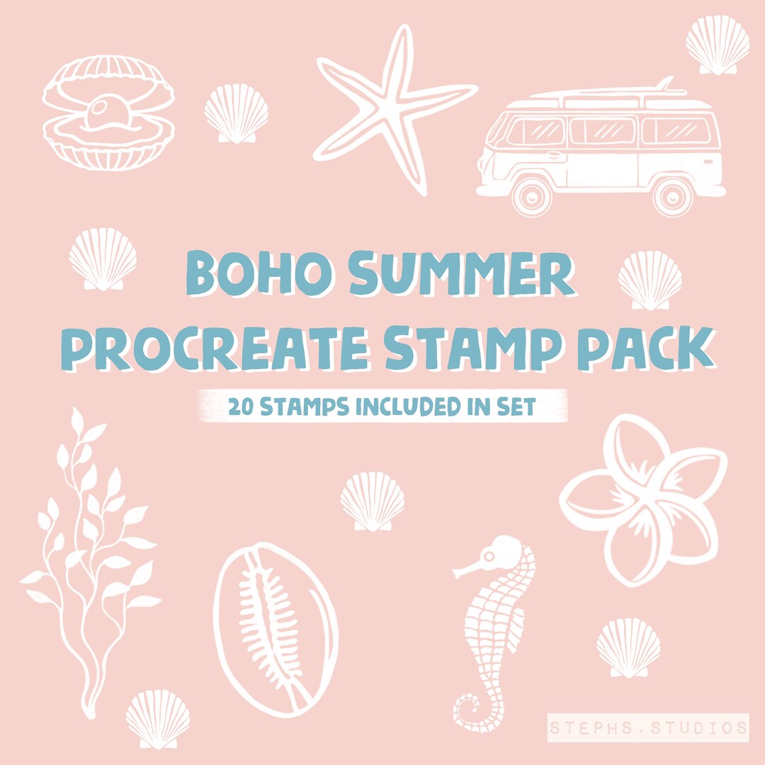 BOHO SUMMER PROCREATE Stamp Set 20 Stamps - Summer Stamps - Seashell ...