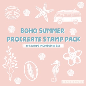 BOHO SUMMER PROCREATE Stamp set 20 stamps - summer stamps - seashell stamps - procreate brush - procreate stamp brush