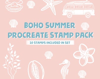 BOHO SUMMER PROCREATE Stamp set 20 timbres - timbres d’été - timbres de coquillages - brosse procréée - brosse de timbre procréée