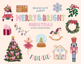 Joyeux et lumineux Noël Clipart | Clipart de Noël groovy | autocollants numériques | Autocollants de Noël | Clipart Noël rose