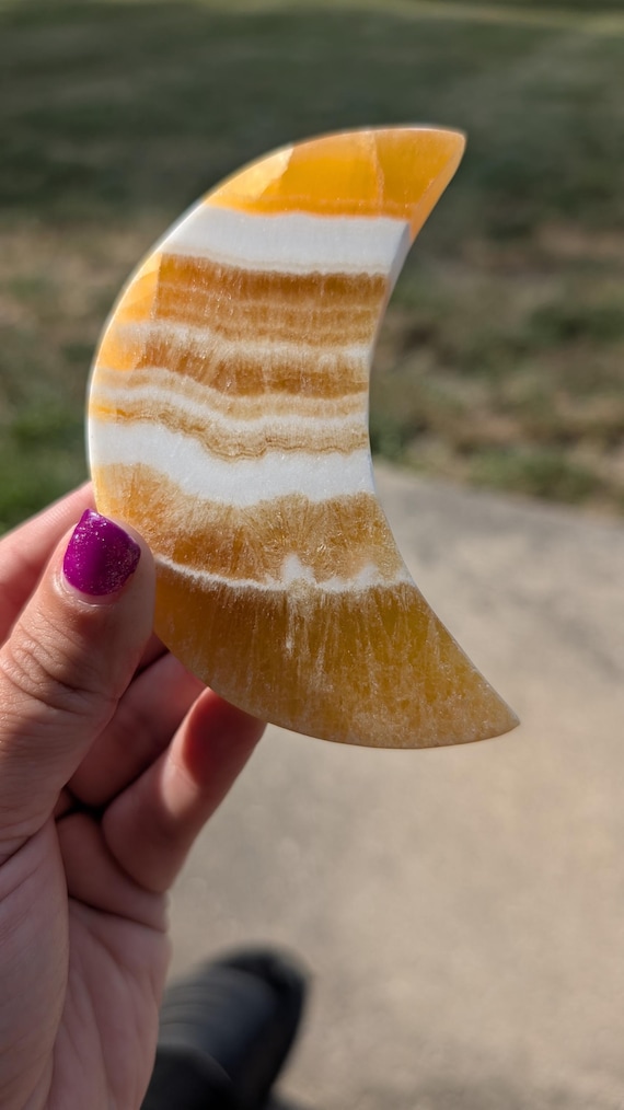 Banded Orange Calcite Moon Carving