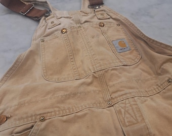 Vintage 90s Carhartt Duck Bib Overalls 36x30 Tan Double Knee R01 Workwear AS IS