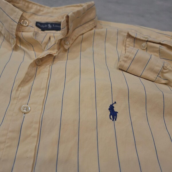 Vtg Y2k Ralph Lauren Buttondown Shirt Sz 16.5=L/XL Yellow Blue Pinstripe Classic