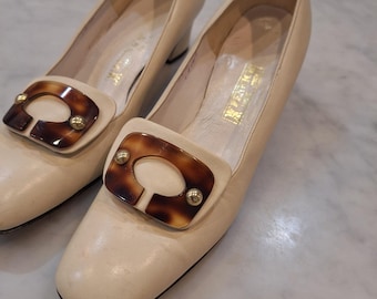 Vintage Fenwick 60s Mod Pumps Sz 7.5 Leather Tortoise Buckle Block Heel Shoes