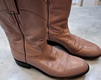 Vintage Justin Western Boots Wom 8.5 B Pale Pink Leather Roper L3065 Cowgirl USA