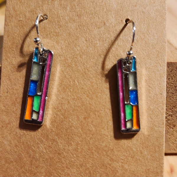Earrings Stain Glass Feel. Small rectangle dangle colorful and compact.  These tiny treasures will "Take you to church!" Amen!