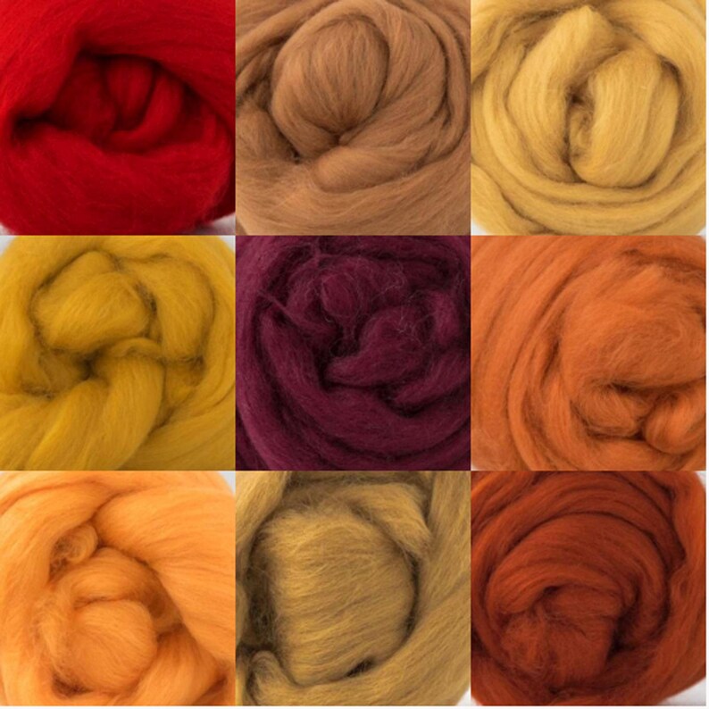 19micron wool tops Autumn colours 450gm Wool roving bundle 9 colours