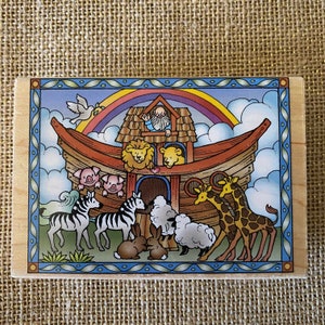 Vintage Noah&#39;s Ark Wooden Stamp, 1996 Noah&#39;s Ark & Animals Wood Mount Rubber Stamp, Christian Bible Story Stamp, Scrapbooking, Made in USA