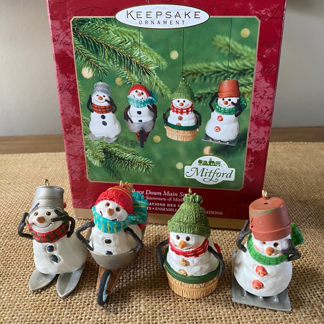 Vintage Hallmark Keepsake Snowman Ornaments, Mitford Race Down Main