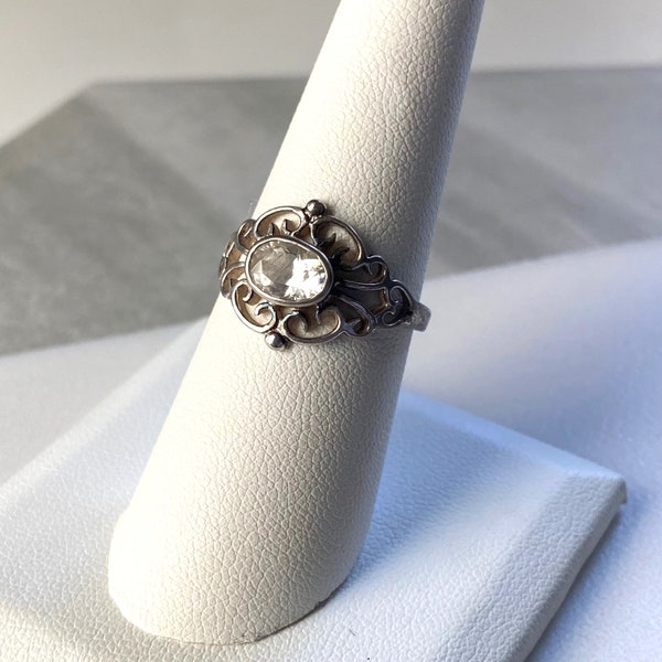 Vintage CZ Sterling Silver Ring, Ornate 925 Silver Scroll Filigree Ring, Cubic Zirconia Ring, Faux Diamond Ring, Promise Ring, Size 7 1/2