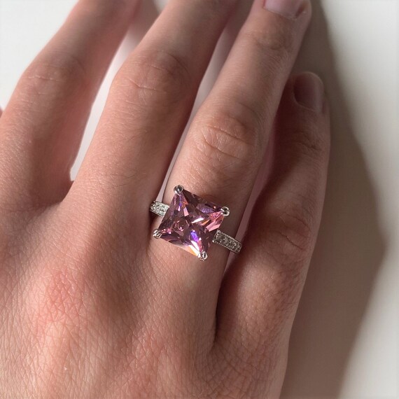 Vintage Princess Cut Pink Ice Ring 6 Carat Pink Cubic Zirconia Ring Pink Solitaire Ring Pink Cocktail Ring Size 7 Etsy