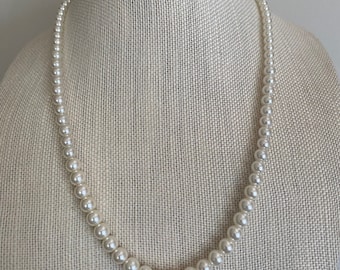 Vintage Matinee Pearl Necklace, Ivory White Glass? Graduated Pearl Necklace, Classic Pearls, Wedding Necklace, 23" Long