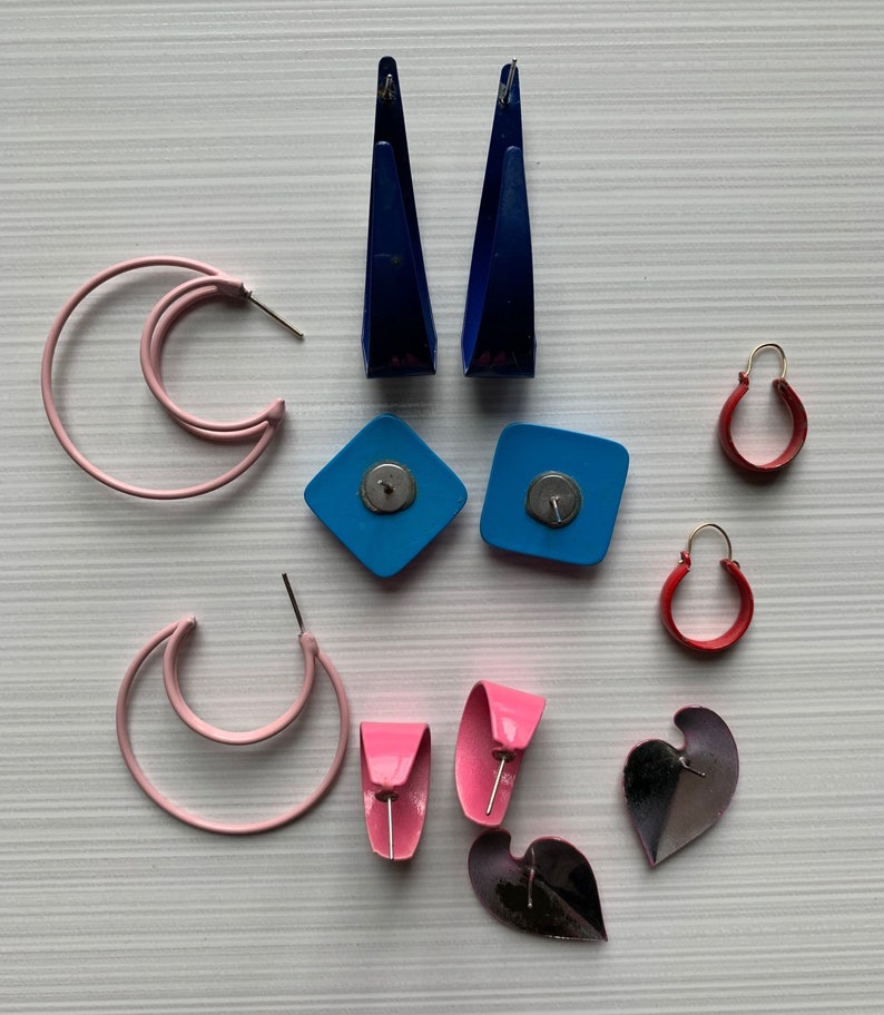80s Earrings Lot Vintage Bright Colorful 80s Post Earrings Blue Polka Dot Hoops Retro Earrings Lot Big Pink Hoops