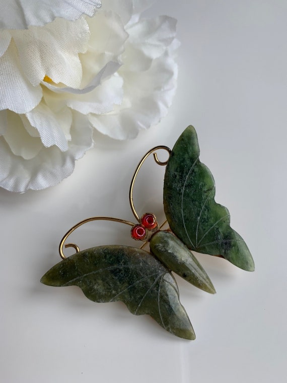 Vintage Jade Butterfly Brooch Pin, Carved Dark Gre