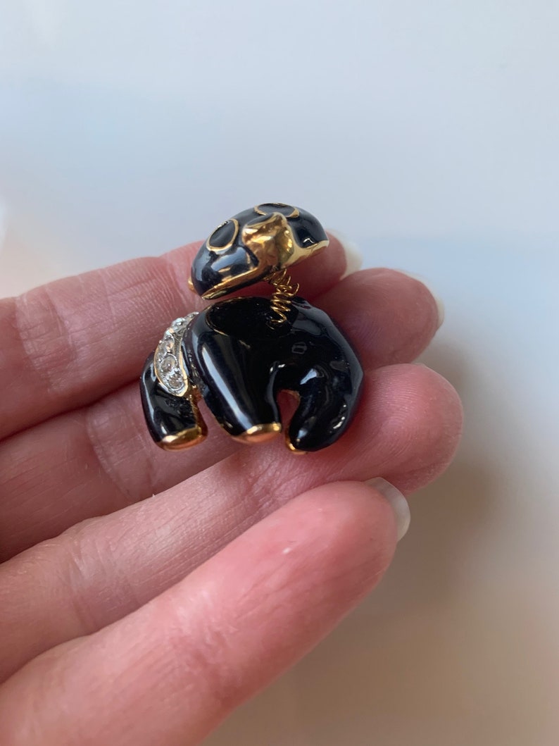 Bobble Head Black Bear Brooch Pin Animal Brooch Pin Vintage Black Enamel Rhinestone Bobblehead Bear Brooch Pin