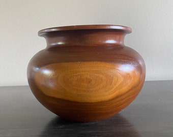 Vintage Walnut Wood Round Vase,  6" W Earthy Dark Wooden Planter, Bulbous Wood Vase, Hand Made Black? Walnut Decorative Vase