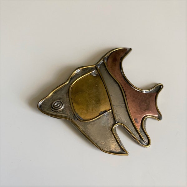 Vintage Modernist Fish Brooch, Hand Made Modernist Style Mixed Metal Fish Brooch Pin, Large Tri Color Fish Pin