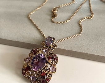 Vintage Amethyst & Garnet Pendant Necklace, Ornate Filigree Gold Over Sterling Purple Gemstone Necklace,  February Birthstone