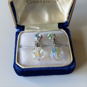 Vintage AB Crystal Drop Clip On Earrings, Retro 1960s Aurora Borealis Rhinestone Ball Clip Earrings, Non Pierced Earrings, Bridal Earrings