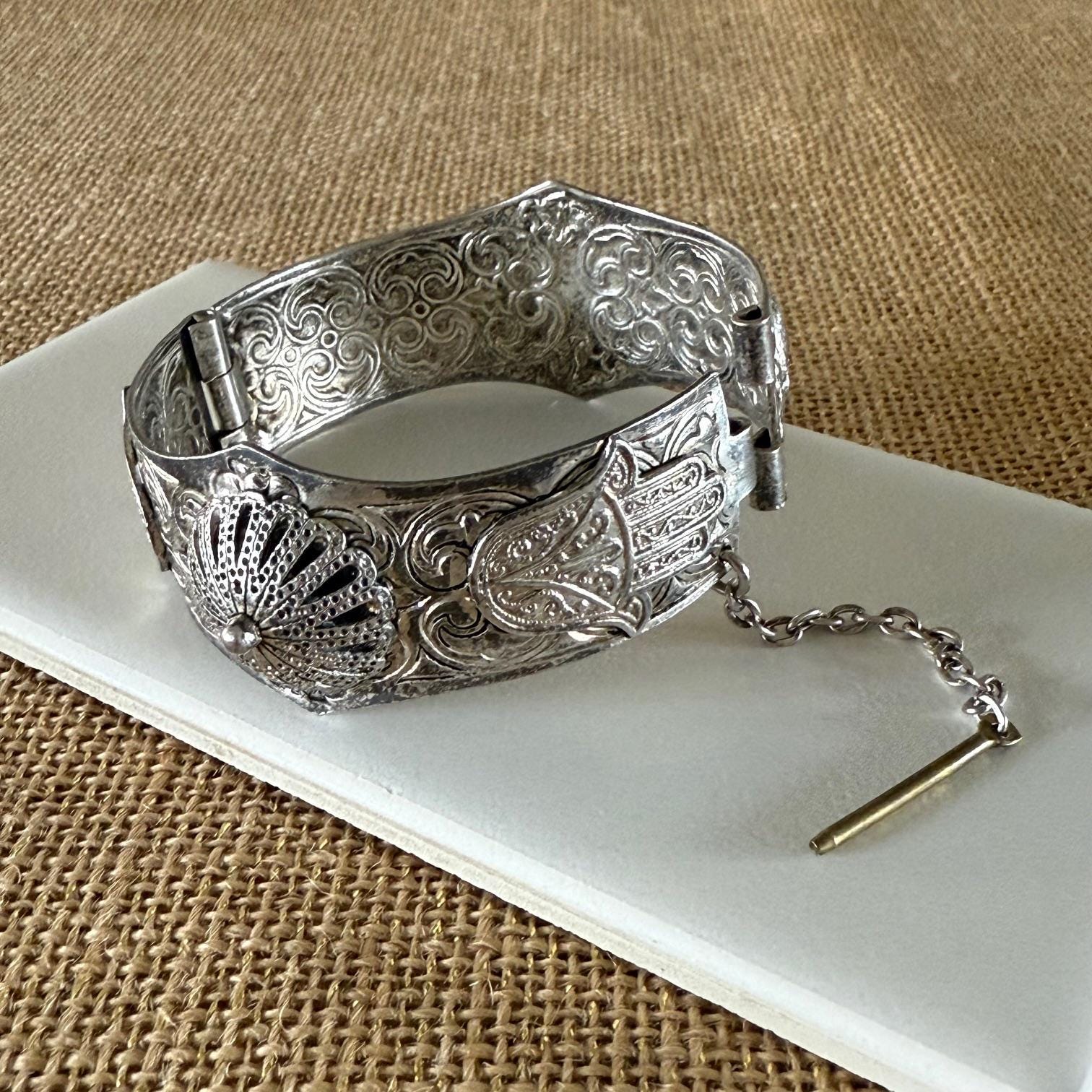 Vintage 1970s Hamsa Repoussé Silver-Tone Hinged Cuff Bracelet Similar Items to Vintage Hand Made Israel Silver 925  main image 4