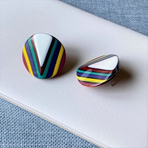 Vintage Lea Stein Earrings, Colorful 7 Layer Cellulose Post Earrings, Retro Art Deco Style Earrings, French Designer Earrings